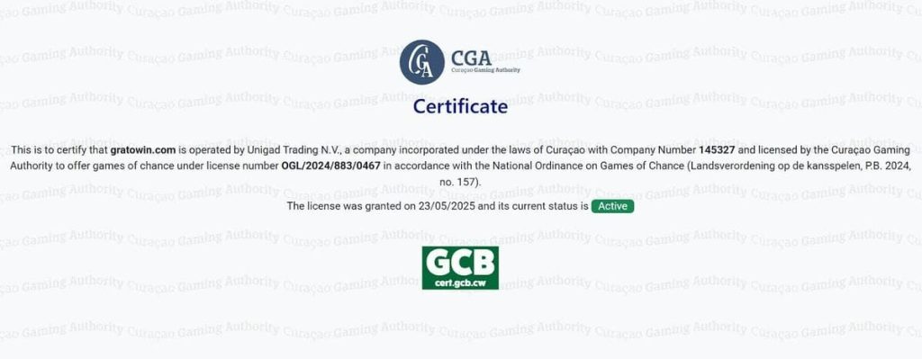 GratoWin Casino licence